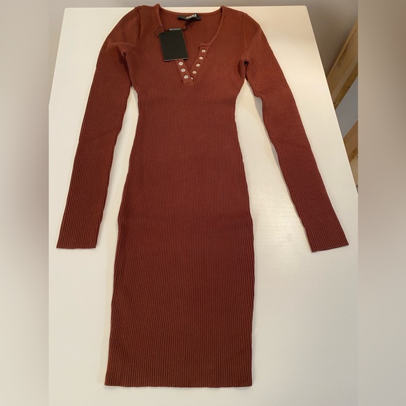 NWT Hera Collection Sexy Brown knit Bodycon Mini Dress with snap button Neck - Picture 7 of 11